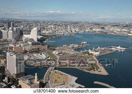 Stock Image - Aerial view of Minatomirai, Yokohama City, Kanagawa Prefecture, Honshu, Japan. Fotosearch
