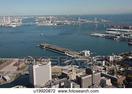 Stock Image - Aerial view of Minatomirai, Yokohama City, Kanagawa Prefecture, Honshu, Japan. Fotosearch