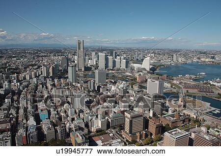 Aerial view of Minatomirai, Yokohama City, Kanagawa Prefecture, Honshu, Japan View Large Photo Image Stock Photo - Aerial view of Minatomirai, Yokohama City, Kanagawa Prefecture, Honshu, Japan. Fotosearch