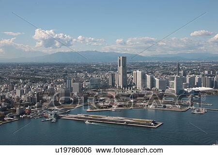 Stock Photograph - Aerial view of Minatomirai, Yokohama City, Kanagawa Prefecture, Honshu, Japan. Fotosearch