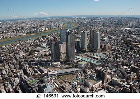 Stock Image - Aerial view of Nakahara ward, Kawasaki City, Kanagawa Prefecture, Honshu, Japan. Fotosearch