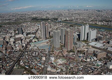 Stock Photo - Aerial view of Nakahara ward, Kawasaki City, Kanagawa Prefecture, Honshu, Japan. Fotosearch