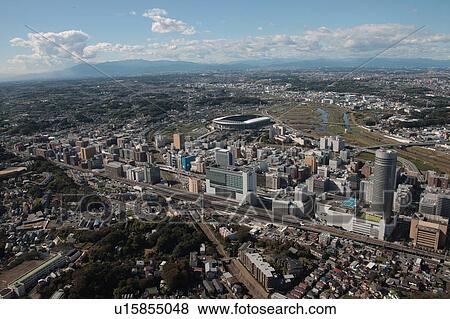 Stock Photo - Aerial view of Nissan stadium, Yokohama City, Kanagawa Prefecture, Honshu, Japan. Fotosearch