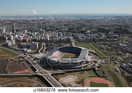 Stock Photo - Aerial view of Nissan stadium, Yokohama City, Kanagawa Prefecture, Honshu, Japan. Fotosearch