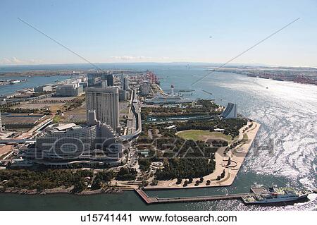 Stock Image - Aerial view of Odaiba, Minato ward, Tokyo Prefecture, Honshu, Japan. Fotosearch