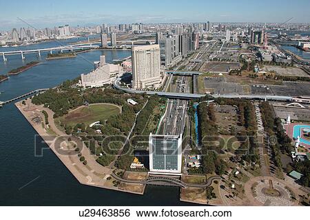 Stock Photograph - Aerial view of Odaiba, Minato ward, Tokyo Prefecture, Honshu, Japan. Fotosearch