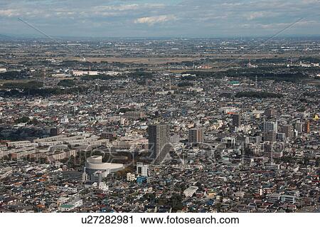 Stock Image - Aerial view of Okegawa City, Saitama Prefecture, Honshu, Japan. Fotosearch