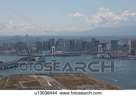 Picture - Aerial view of Rainbow bridge, Koto ward, Tokyo Prefecture, Honshu, Japan. Fotosearch