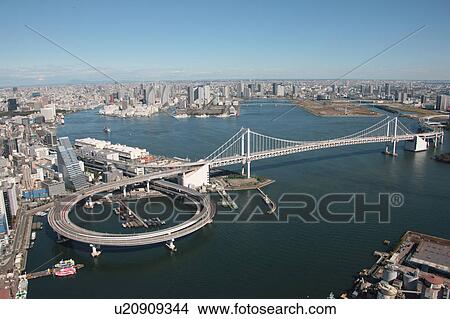 Aerial view of Rainbow bridge, Minato ward, Tokyo Prefecture, Honshu, Japan View Large Photo Image Picture - Aerial view of Rainbow bridge, Minato ward, Tokyo Prefecture, Honshu, Japan. Fotosearch