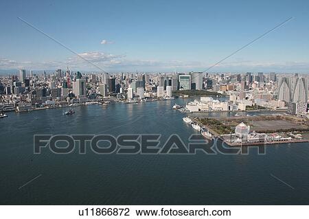 Stock Image - Aerial view of Rainbow bridge, Minato ward, Tokyo Prefecture, Honshu, Japan. Fotosearch