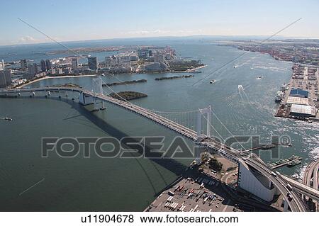 Stock Photo - Aerial view of Rainbow bridge, Minato ward, Tokyo Prefecture, Honshu, Japan. Fotosearch