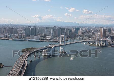 Aerial view of Rainbow bridge, Minato ward, Tokyo Prefecture, Honshu, Japan View Large Photo Image Stock Photo - Aerial view of Rainbow bridge, Minato ward, Tokyo Prefecture, Honshu, Japan. Fotosearch