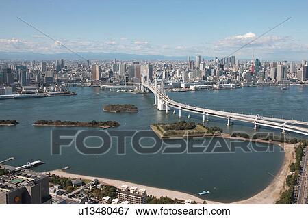 Aerial view of Rainbow bridge, Minato ward, Tokyo Prefecture, Honshu, Japan View Large Photo Image Stock Photo - Aerial view of Rainbow bridge, Minato ward, Tokyo Prefecture, Honshu, Japan. Fotosearch