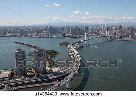 Stock Photo - Aerial view of Rainbow bridge, Minato ward, Tokyo Prefecture, Honshu, Japan. Fotosearch