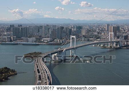 Aerial view of Rainbow bridge, Minato ward, Tokyo Prefecture, Honshu, Japan View Large Photo Image Stock Photo - Aerial view of Rainbow bridge, Minato ward, Tokyo Prefecture, Honshu, Japan. Fotosearch