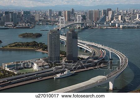Aerial view of Rainbow bridge, Minato ward, Tokyo Prefecture, Honshu, Japan View Large Photo Image Stock Photo - Aerial view of Rainbow bridge, Minato ward, Tokyo Prefecture, Honshu, Japan. Fotosearch
