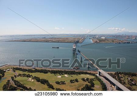 Stock Image - Aerial view of Rinkai Ohashi Bridge, Koto ward, Tokyo Prefecture, Honshu, Japan. Fotosearch