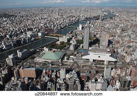 Stock Photo - Aerial view of Ryogoku Kokugikan (Sumo Hall), Sumida ward, Tokyo Prefecture, Honshu, Japan. Fotosearch
