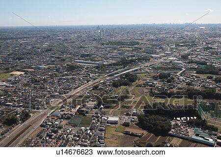 Stock Image - Aerial view of Saitama City, Saitama Prefecture, Honshu, Japan. Fotosearch