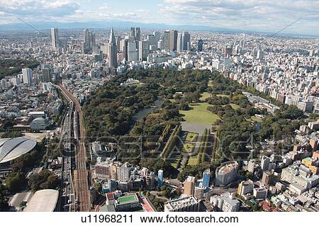 Stock Image - Aerial view of Sendagaya, Shinjuku ward, Tokyo Prefecture, Honshu, Japan. Fotosearch