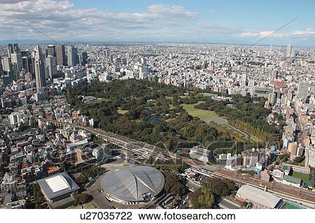 Stock Image - Aerial view of Sendagaya, Shinjuku ward, Tokyo Prefecture, Honshu, Japan. Fotosearch
