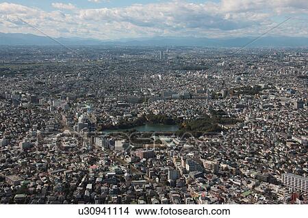 Picture - Aerial view of Senzoku pond, Ohta ward, Tokyo Prefecture, Honshu, Japan. Fotosearch