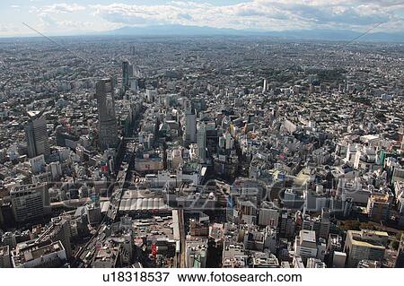 Stock Photo - Aerial view of Shibuya station, Shibuya ward, Tokyo Prefecture, Honshu, Japan. Fotosearch