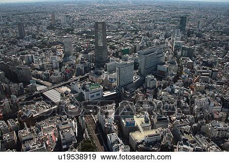 Aerial view of Shibuya station, Shibuya ward, Tokyo Prefecture, Honshu, Japan View Large Photo Image Stock Photo - Aerial view of Shibuya station, Shibuya ward, Tokyo Prefecture, Honshu, Japan. Fotosearch