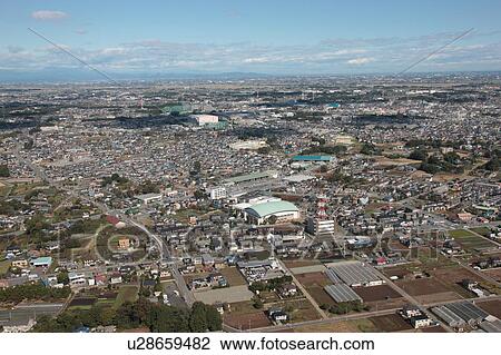 Stock Image - Aerial view of Shimohideya, Okegawa City, Saitama Prefecture, Honshu, Japan. Fotosearch
