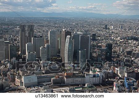 Stock Image - Aerial view of Shinjuku ward, Tokyo Prefecture, Honshu, Japan. Fotosearch