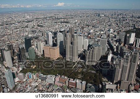 Stock Image - Aerial view of Shinjuku ward, Tokyo Prefecture, Honshu, Japan. Fotosearch