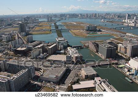Stock Image - Aerial view of Shinonome canal, Koto ward, Tokyo Prefecture, Honshu, Japan. Fotosearch