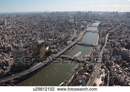 Aerial view of Sumida river, Sumida ward, Tokyo Prefecture, Honshu, Japan View Large Photo Image Stock Image - Aerial view of Sumida river, Sumida ward, Tokyo Prefecture, Honshu, Japan. Fotosearch