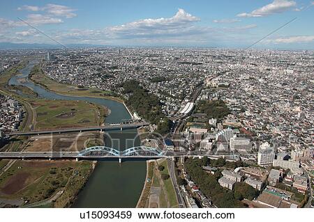 Stock Photo - Aerial view of Tamagawa river, Nakahara ward, Kawasaki City, Kanagawa Prefecture, Honshu, Japan. Fotosearch