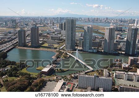 Stock Image - Aerial view of Tatsumi canal, Koto ward, Tokyo Prefecture, Honshu, Japan. Fotosearch