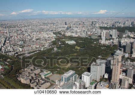 Stock Image - Aerial view of Togu Gosho (The Crown Prince's Residence), Minato ward, Tokyo Prefecture, Honshu, Japan. Fotosearch