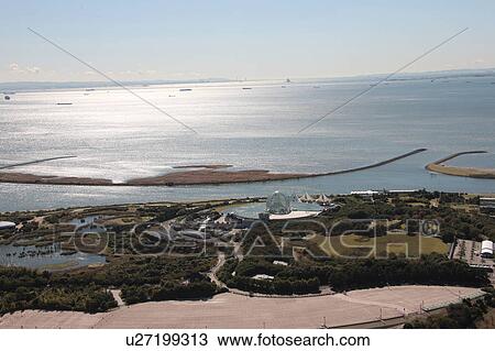 Stock Image - Aerial view of Tokyo Bay, Edogawa ward, Tokyo Prefecture, Honshu, Japan. Fotosearch
