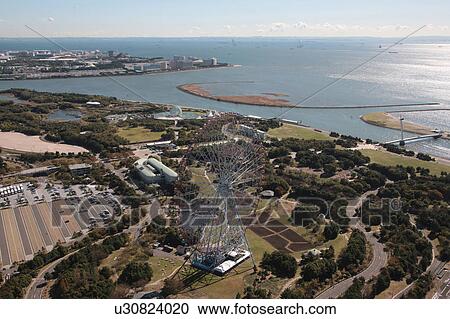 Stock Image - Aerial view of Tokyo Bay, Edogawa ward, Tokyo Prefecture, Honshu, Japan. Fotosearch