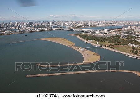 Stock Photo - Aerial view of Tokyo Bay, Edogawa ward, Tokyo Prefecture, Honshu, Japan. Fotosearch