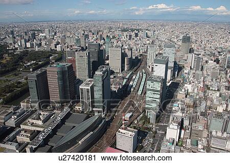 Stock Image - Aerial view of Tokyo station, Chuo ward, Tokyo Prefecture, Honshu, Japan. Fotosearch