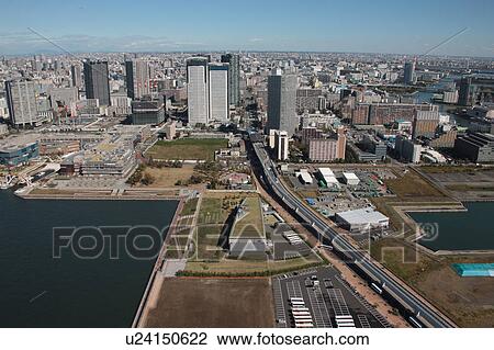 Stock Image - Aerial view of Toyosu, Koto ward, Tokyo Prefecture, Honshu, Japan. Fotosearch