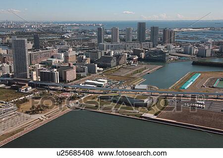Stock Photo - Aerial view of Toyosu, Koto ward, Tokyo Prefecture, Honshu, Japan. Fotosearch