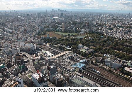 Stock Image - Aerial view of Ueno station, Taito ward, Tokyo Prefecture, Honshu, Japan. Fotosearch