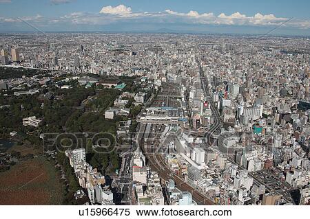 Stock Photography - Aerial view of Ueno station, Taito ward, Tokyo Prefecture, Honshu, Japan. Fotosearch