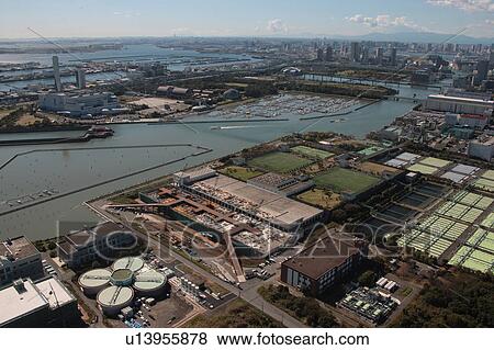 Stock Photo - Aerial view of water treatment plant, Edogawa ward, Tokyo Prefecture, Honshu, Japan. Fotosearch