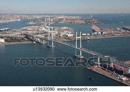 Stock Image - Aerial view of Yokohama Bay Bridge, Yokohama City, Kanagawa Prefecture, Honshu, Japan. Fotosearch