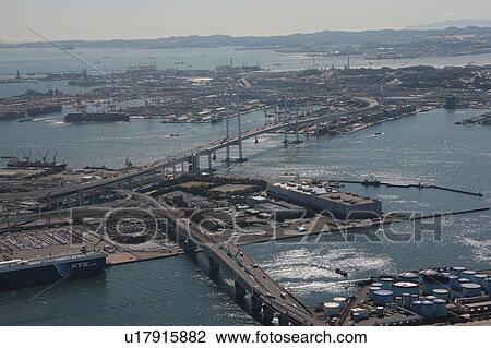 Stock Image - Aerial view of Yokohama Bay Bridge, Yokohama City, Kanagawa Prefecture, Honshu, Japan. Fotosearch
