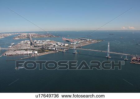 Stock Photograph - Aerial view of Yokohama Bay Bridge, Yokohama City, Kanagawa Prefecture, Honshu, Japan. Fotosearch