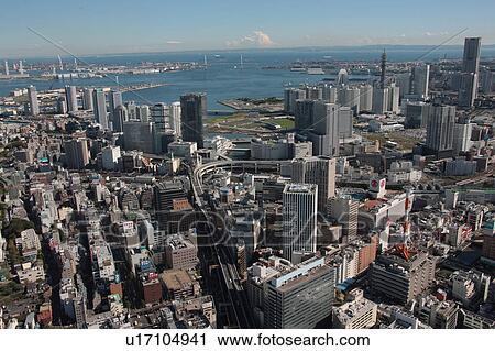 Stock Image - Aerial view of Yokohama City, Kanagawa Prefecture, Honshu, Japan. Fotosearch