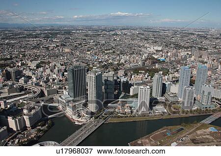 Stock Photo - Aerial view of Yokohama City, Kanagawa Prefecture, Honshu, Japan. Fotosearch